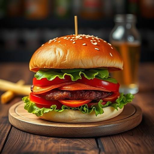Artistic commercial photograph of a gourmet burger on a wooden table.