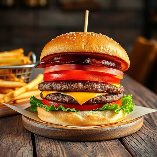 Artistic commercial photograph of a gourmet burger on a rustic wooden table, highlighting the ingredients and creating a mouthwatering visual appeal.