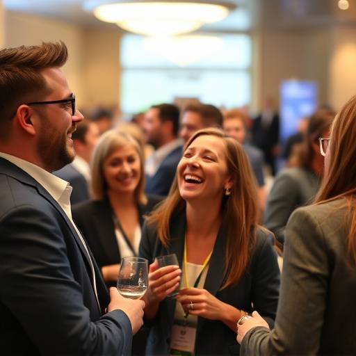 Candid event photograph of people laughing and networking at a corporate gathering, capturing the lively and engaging atmosphere.