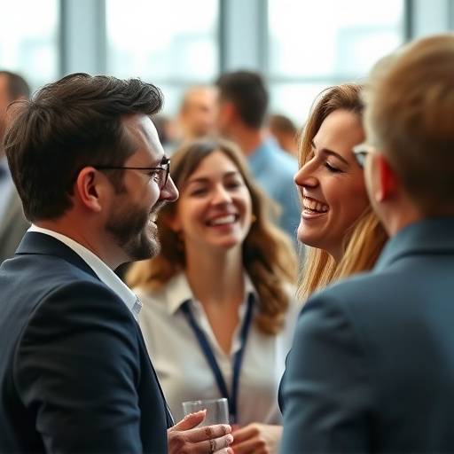 Candid event photograph of people laughing at a corporate gathering.