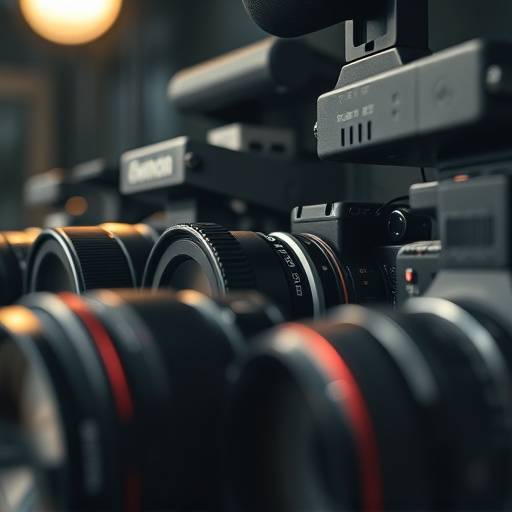 Close-up view of photography equipment, including cameras, lenses, and lighting setups.