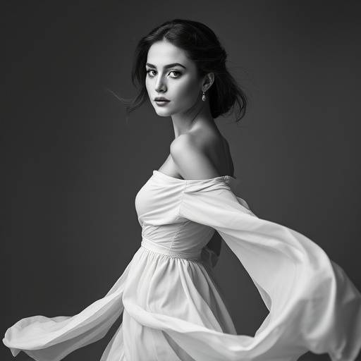 Elegant black and white portrait of a woman in a flowing dress.