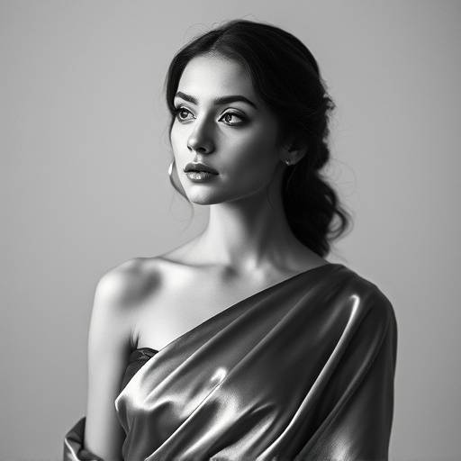 Elegant black and white portrait of a young woman in a flowing silk gown, gazing thoughtfully into the distance, showcasing her graceful demeanor.