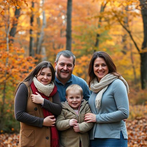 Family portrait taken in an autumn forest with colorful fall foliage in the background.