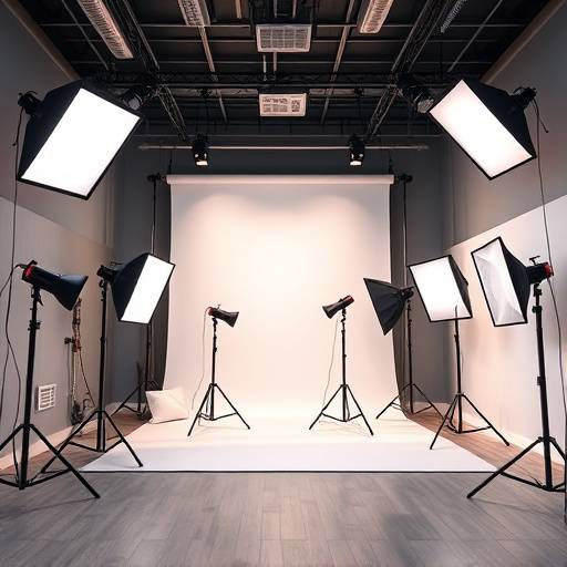 Interior of Luminous Lens Studio, showcasing a well-lit photography area with various backdrops.