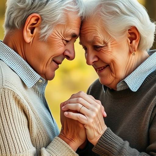 Intimate portrait of an elderly couple holding hands, their weathered faces reflecting a lifetime of love, companionship, and shared memories.
