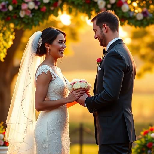 Joyful wedding photograph of a couple exchanging vows outdoors.