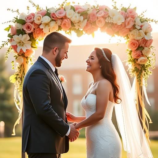 Joyful wedding photograph of a couple exchanging vows outdoors under a beautifully decorated floral arch, symbolizing their commitment to each other.