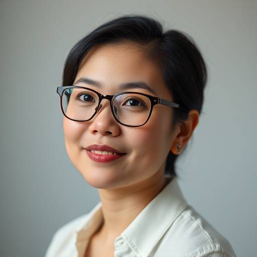 Portrait of Sarah Chen, post-production specialist, wearing glasses and smiling thoughtfully.