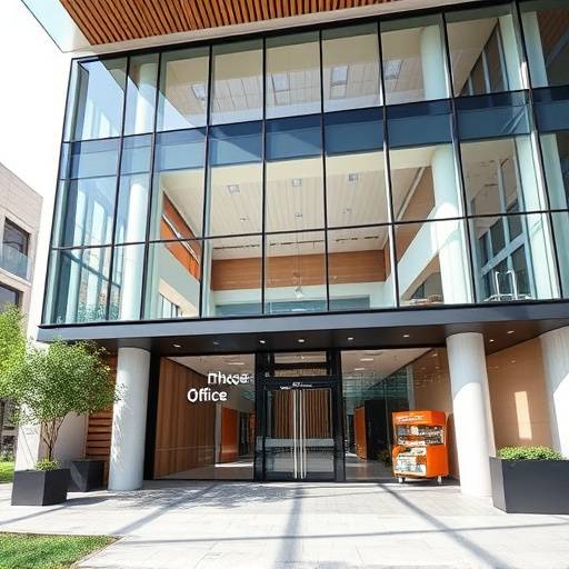 Professional photograph of a newly constructed office building, capturing its architectural design, modern features, and inviting atmosphere.