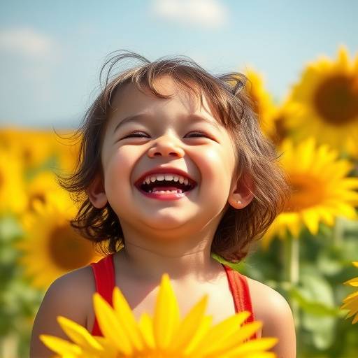 Vibrant and colorful portrait of a child laughing joyfully in a field of sunflowers, capturing the pure essence of childhood innocence.
