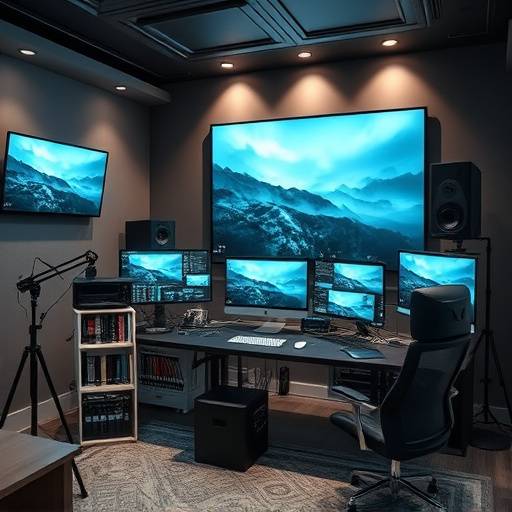 View of the editing suite with professional-grade monitors and software for post-production.